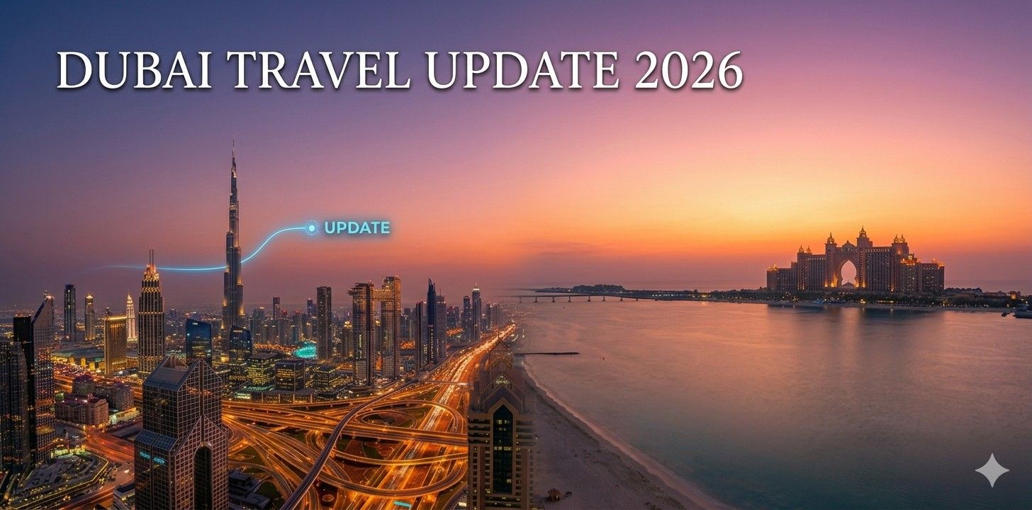 Dubai city skyline at sunset featuring the Burj Khalifa and Atlantis The Palm, highlighting Dubai travel updates and safety for 2026 tourists.