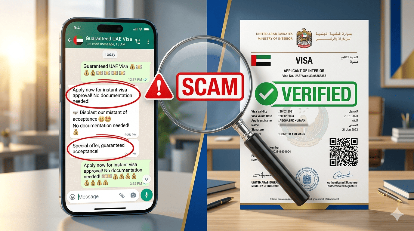 A professional split-screen blog hero image. On the left, a smartphone displays a suspicious WhatsApp chat offering a "Guaranteed UAE Visa"